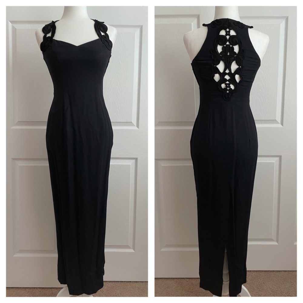 Gunne Sax Black Brocade Evening Gown Prom Dress